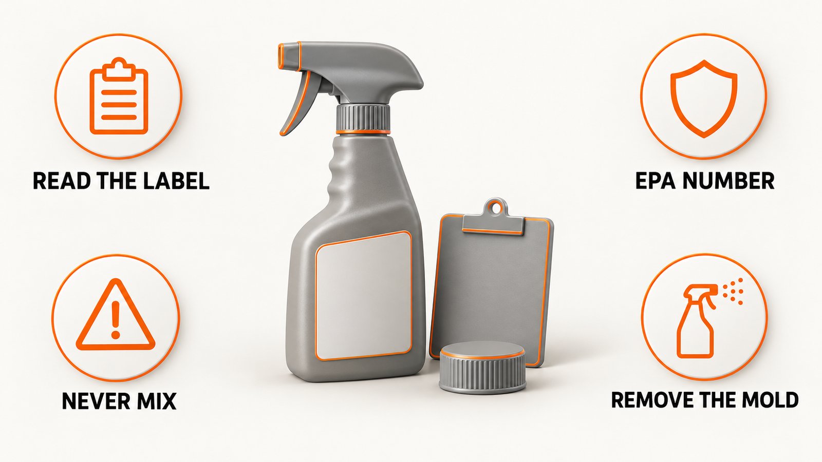 Choosing a mold cleaner: read the label, look for an EPA number, never mix chemicals, remove the residue