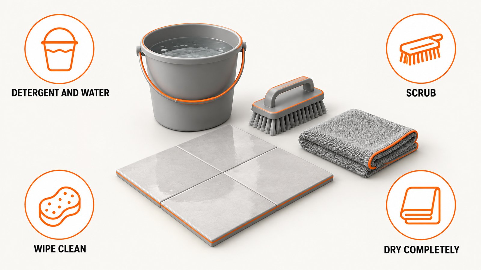 Cleaning steps for hard surfaces: detergent and water, scrub, wipe clean, dry completely