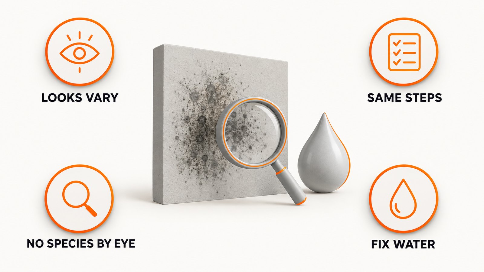 Four facts about dark indoor mold: looks vary, steps are the same, species cannot be told by eye, water is the cause
