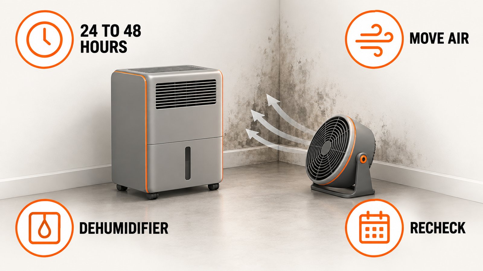 Drying after mold cleanup: 24 to 48 hours, air movement, dehumidifier, recheck the area