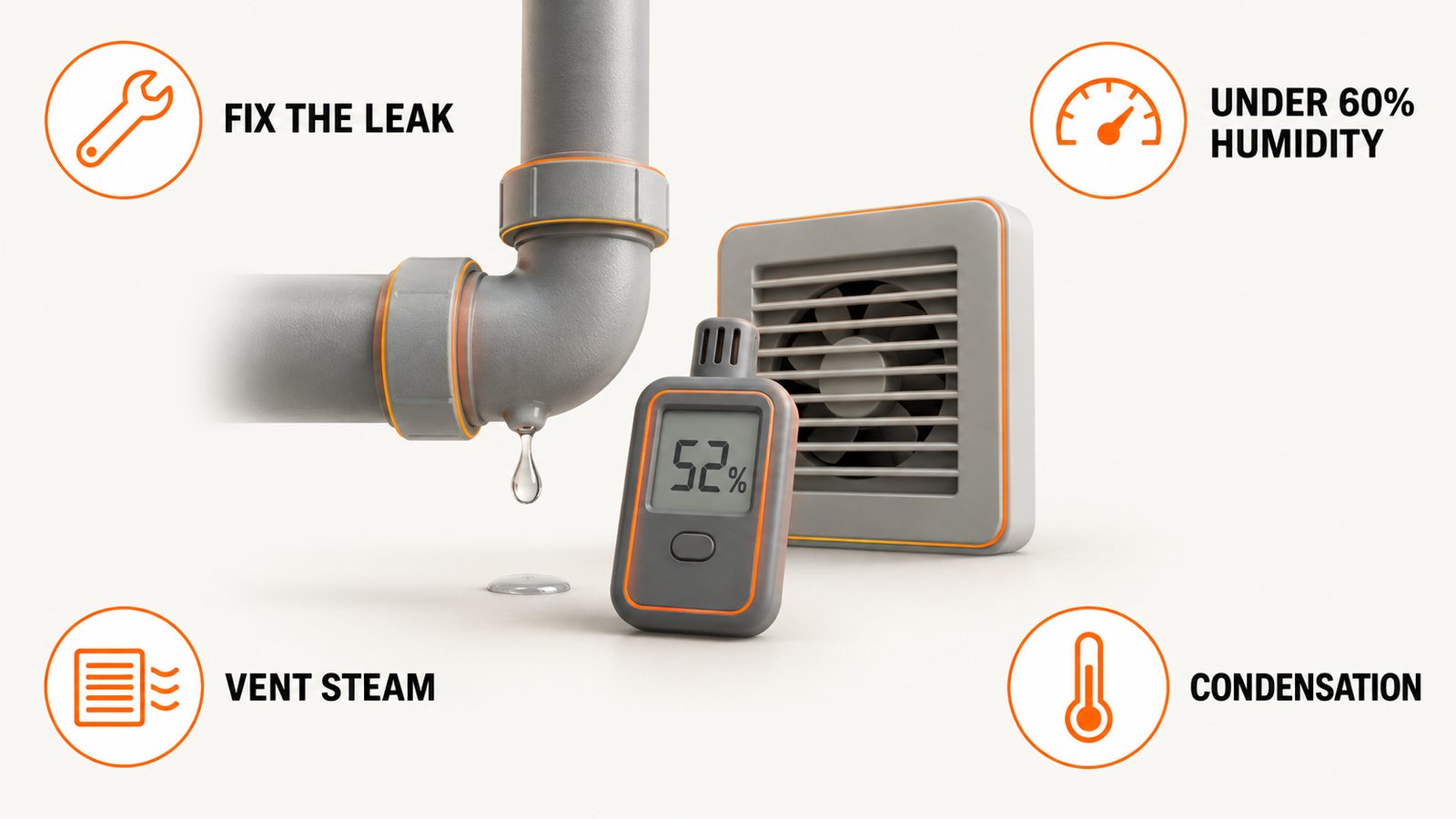 Moisture control for mold cleanup: fix the leak, keep humidity under 60 percent, vent steam, watch condensation
