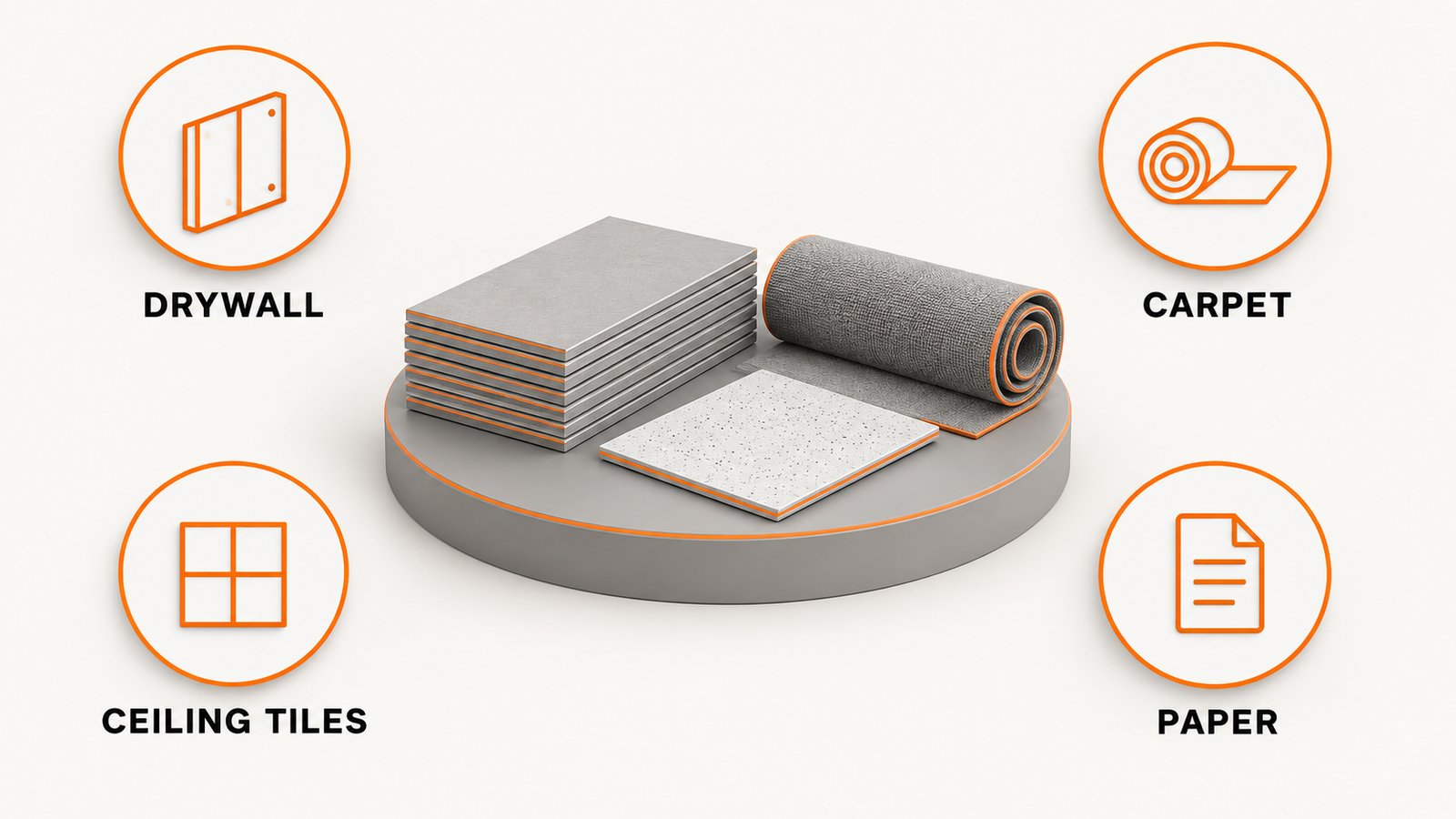 Porous materials that may need to be thrown away: drywall, carpet, ceiling tiles, paper