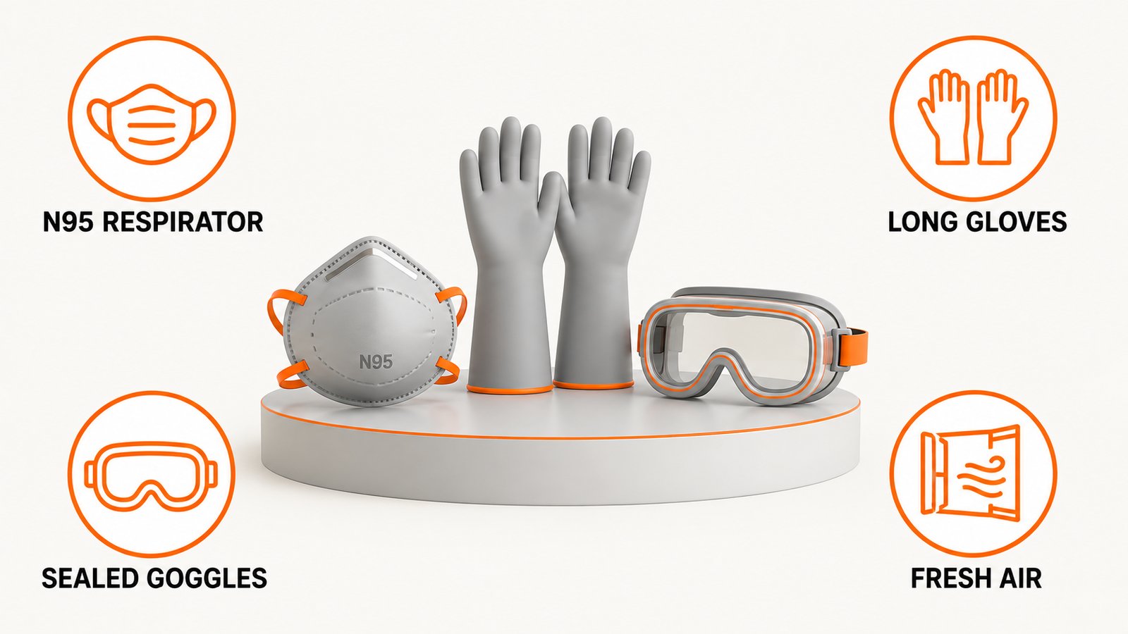 Protective gear for mold cleanup: N95 respirator, long gloves, goggles without vent holes, fresh air