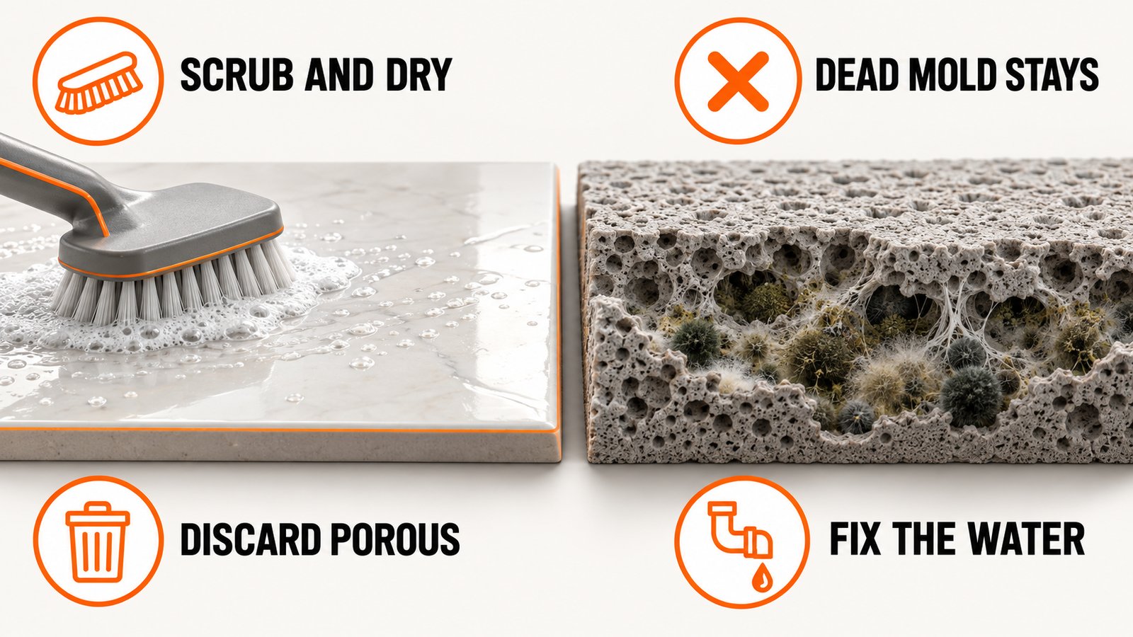 A hard tile with growth being scrubbed away next to a porous panel where growth has filled the pores