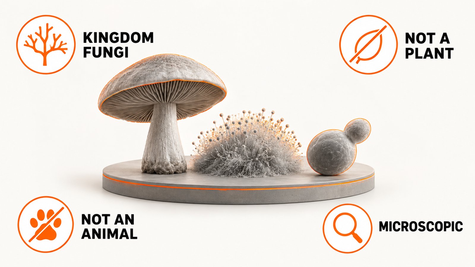 A fuzzy mold colony shown beside a mushroom and a yeast cell under one banner for the fungus kingdom