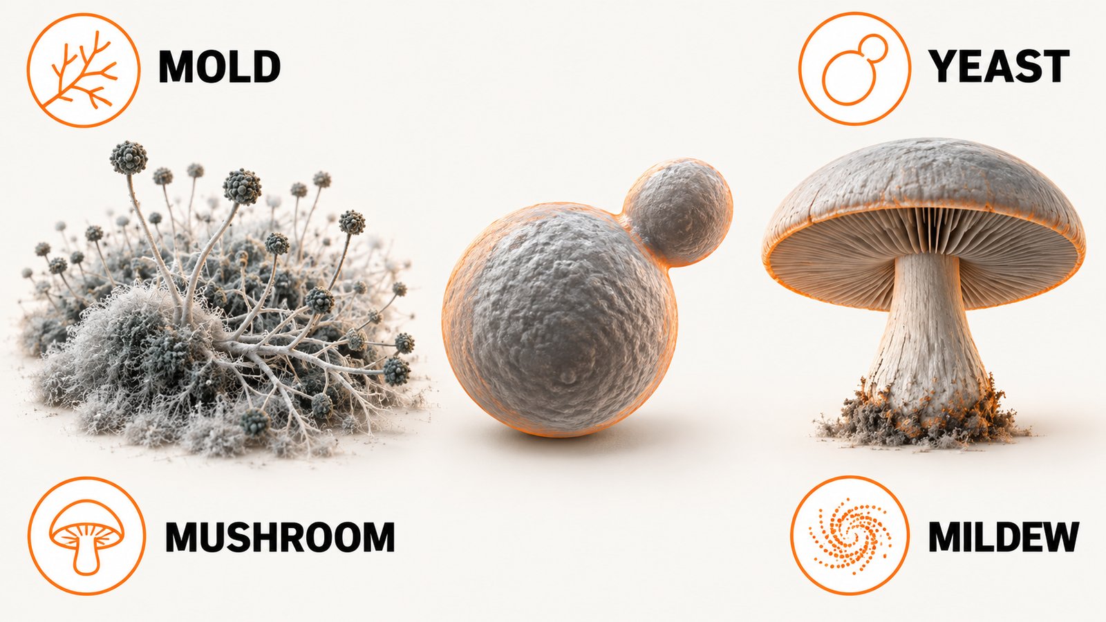 Three fungus forms in a row: a fuzzy mold patch, a single budding yeast cell and a mushroom