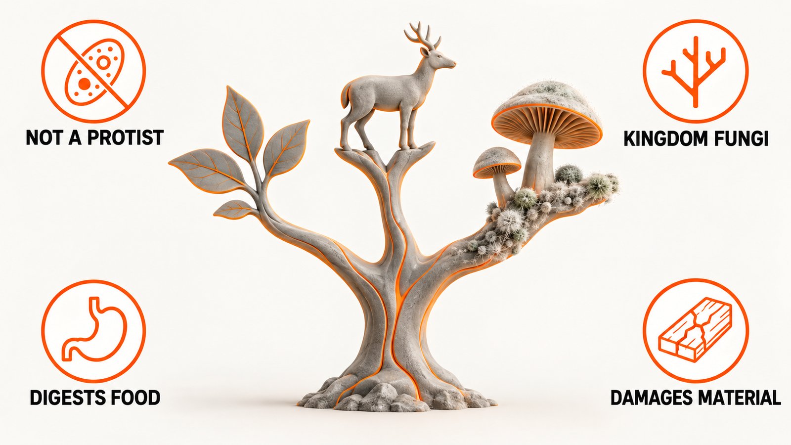 A family tree style panel showing separate branches for plants, animals and fungi with mold on the fungi branch