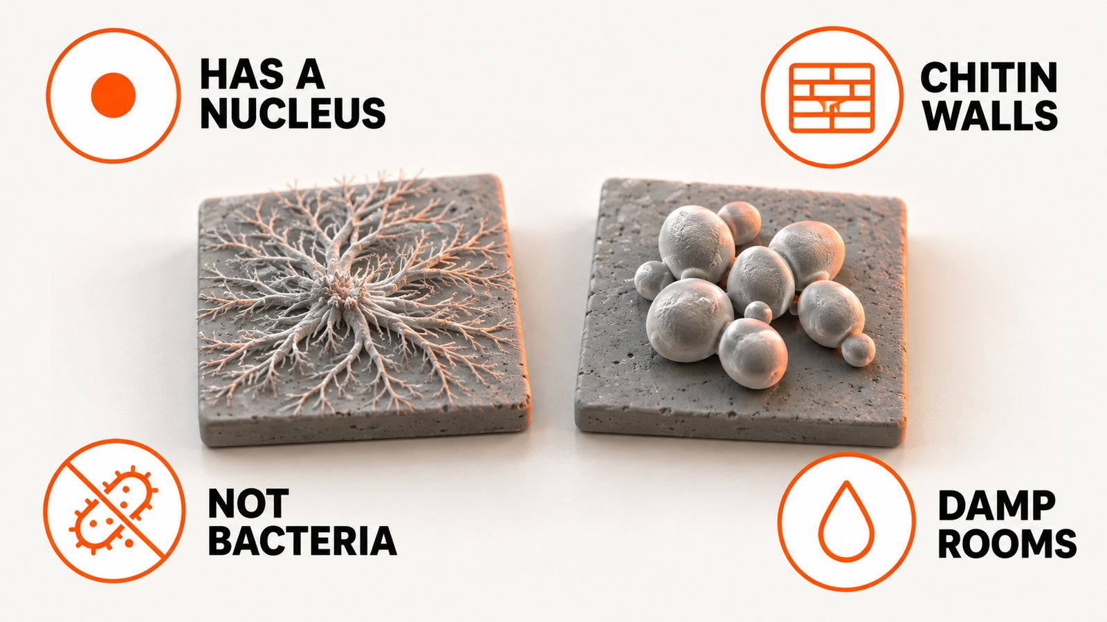 A branching thread-like fungus colony set apart from a small group of bacterial cells on a separate tile