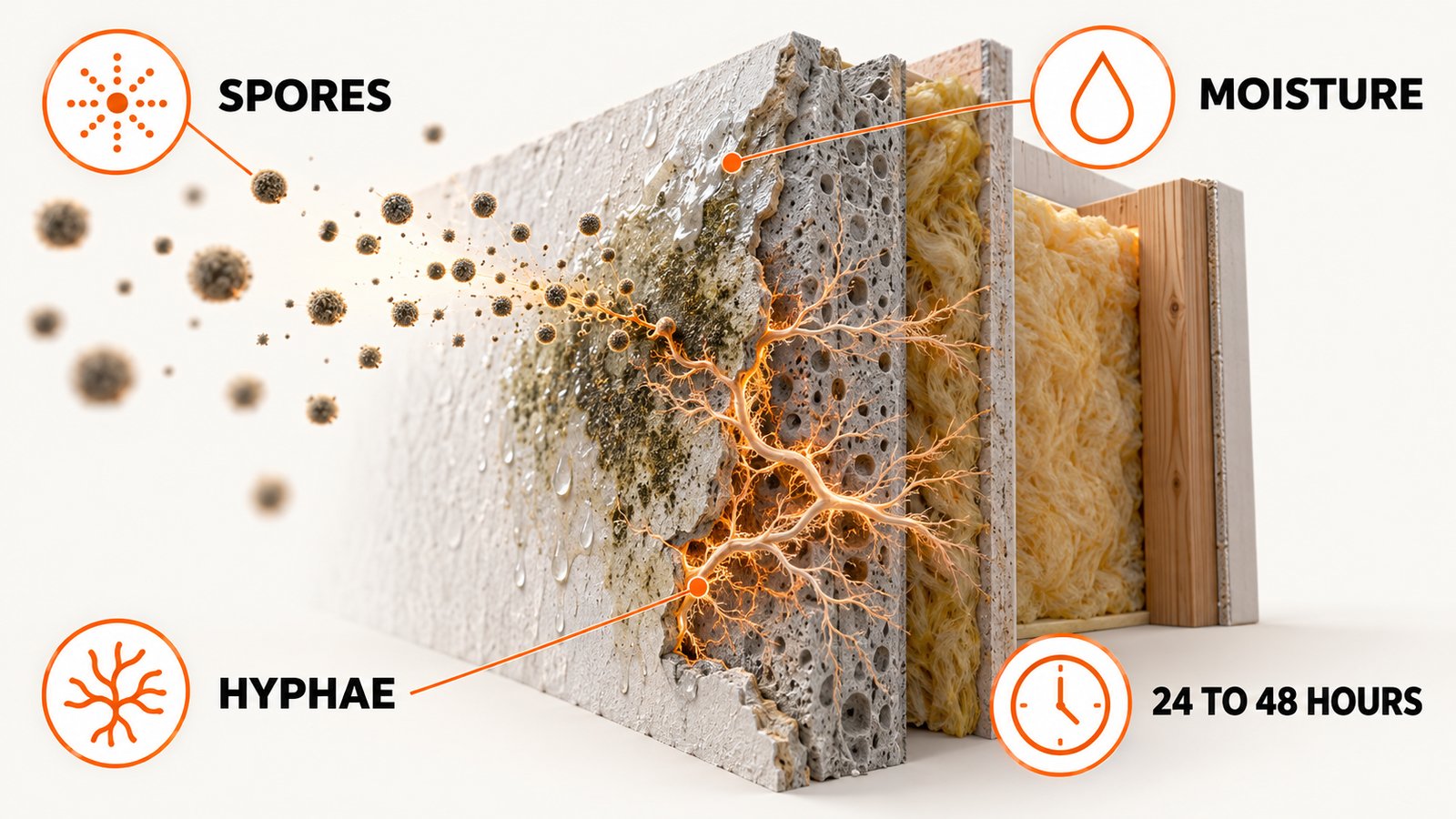 A cutaway of a damp wall showing floating spores landing on a wet patch and thread-like growth spreading inward