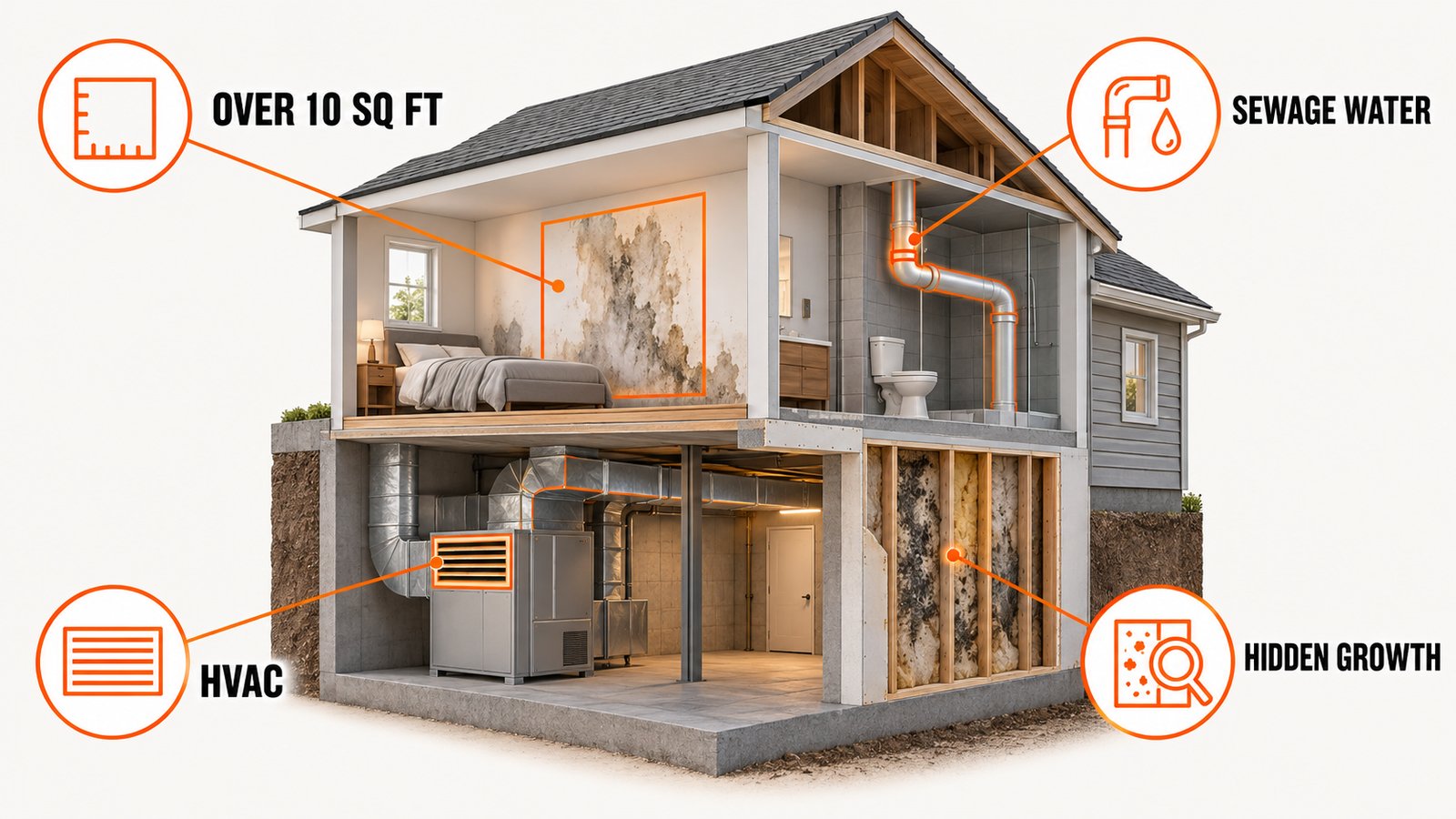 A house cutaway with a large damp patch measured by a square marker beside a duct and a water pipe