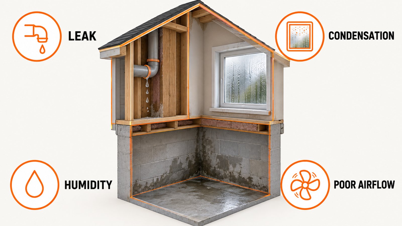 A house cutaway showing a leaking pipe, a foggy window, and a damp basement wall as common mold moisture sources