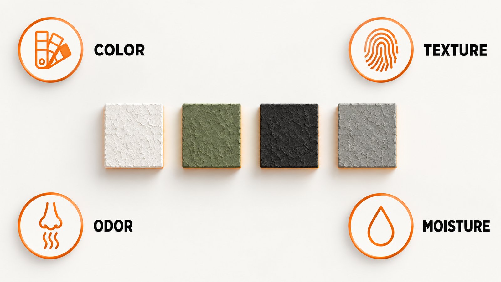 Four identical wall patches in different colors including white, showing that color alone cannot identify mold