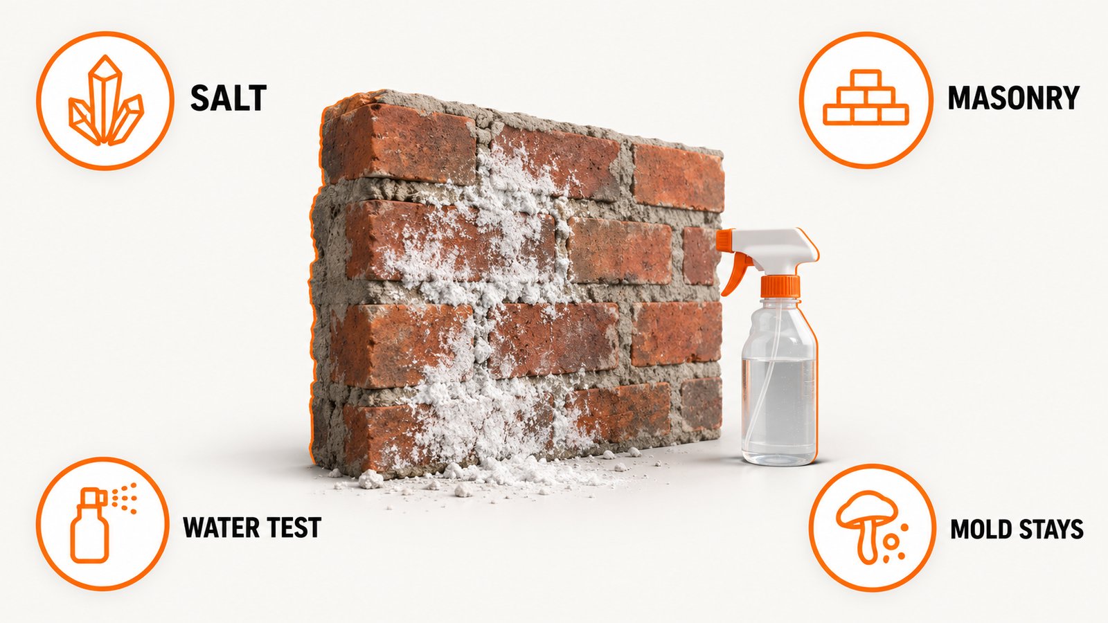 White salt deposits on a brick wall next to a spray bottle, illustrating efflorescence versus mold