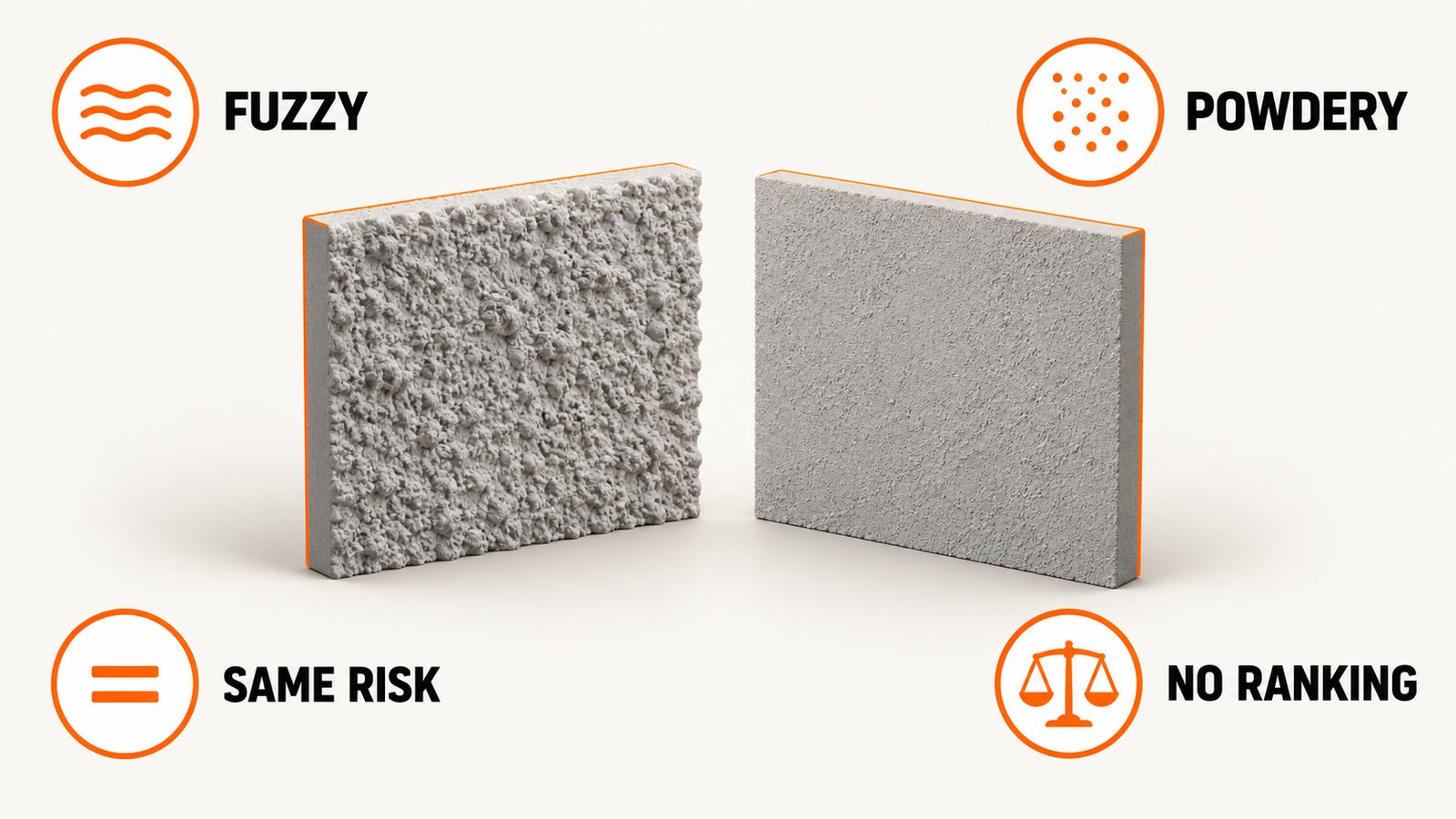 A fuzzy textured patch next to a powdery textured patch, showing texture does not change mold risk