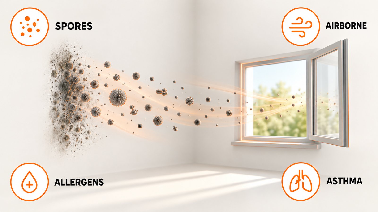 Small particles drifting from a wall patch toward an open window, illustrating mold spores becoming airborne