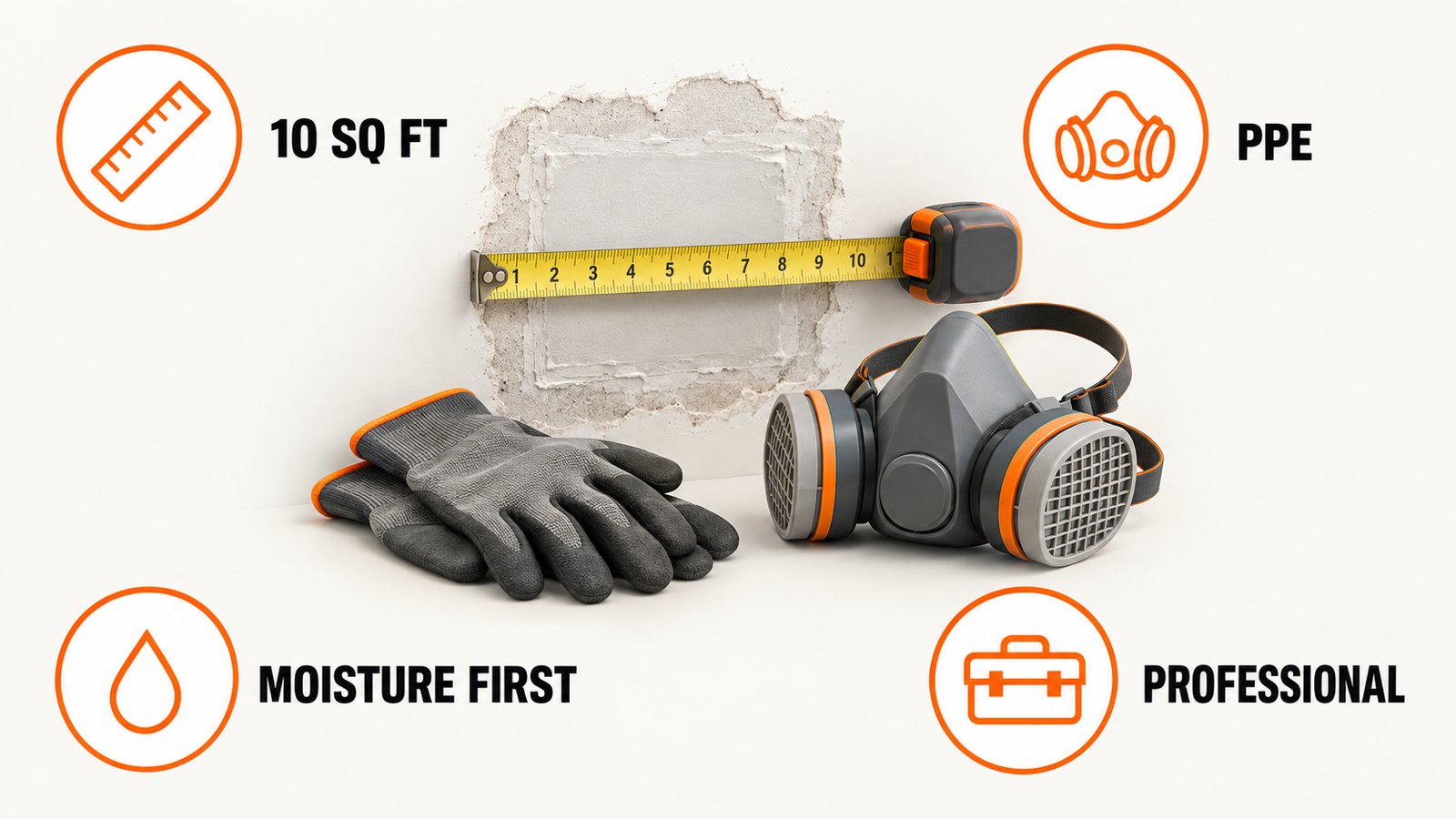 A tape measure across a wall patch next to a respirator mask and gloves, illustrating the EPA size threshold for DIY cleanup
