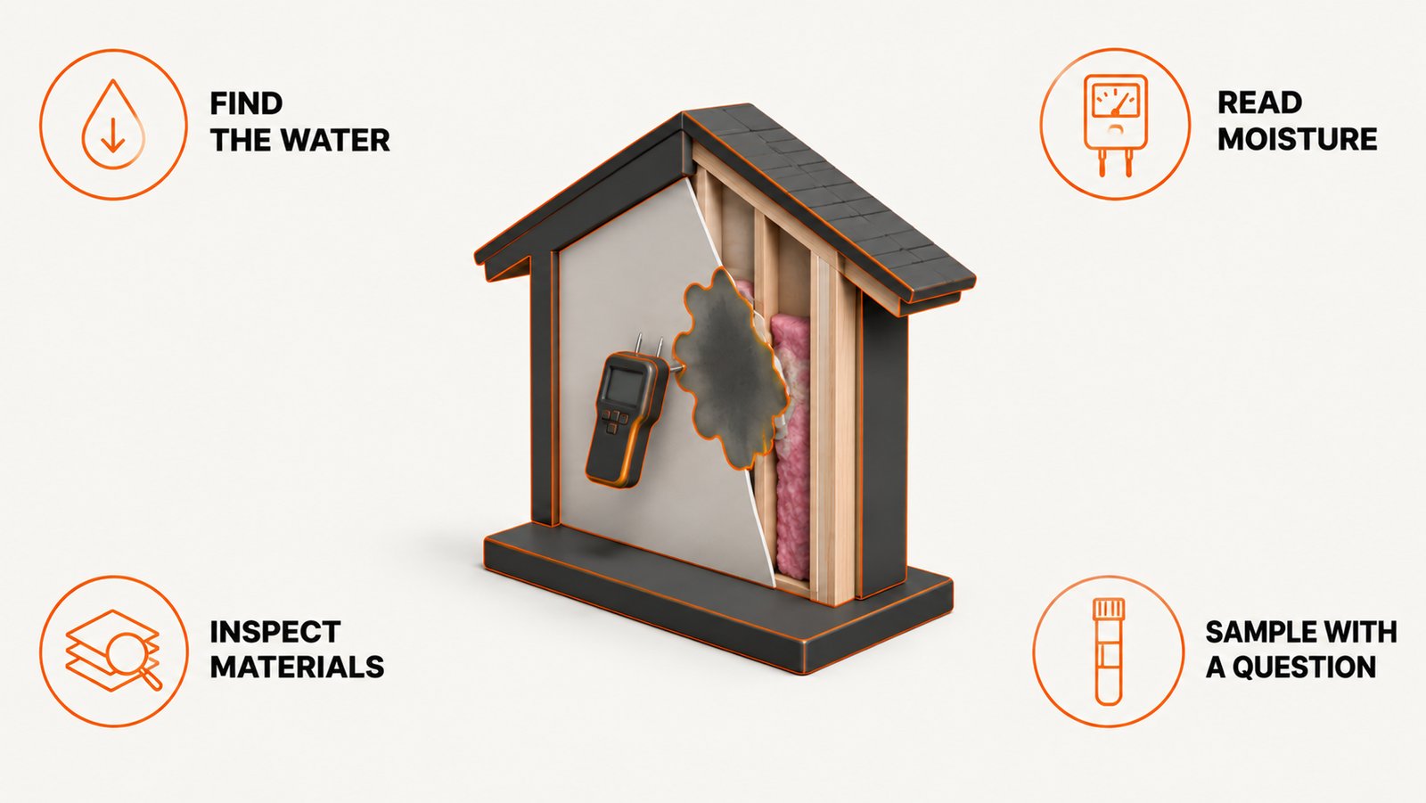 House cutaway with moisture meter readings, a leak point and a sampling location marked