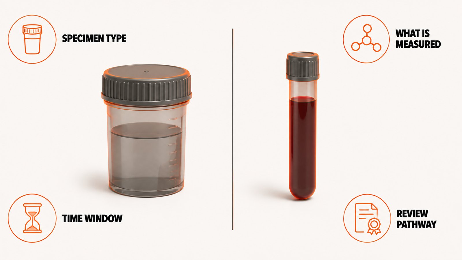 A urine specimen container beside a blood tube with the target of each analysis labeled