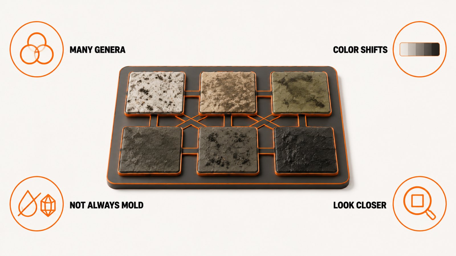 Color swatches showing that one color maps to many genera and one genus produces many colors