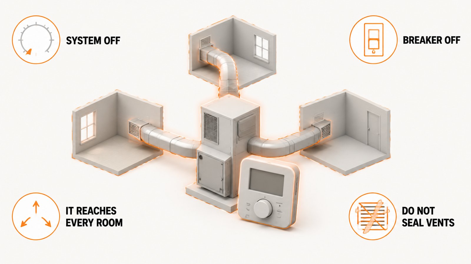 Air handler with airflow arrows crossing into three rooms and a stop symbol on the thermostat