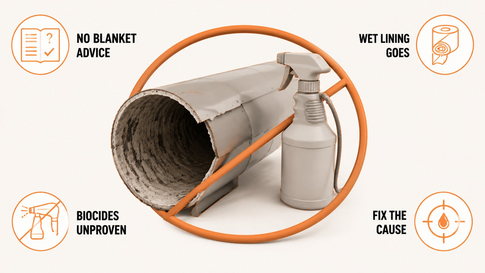 Duct section with lining marked and a spray applicator crossed out beside it