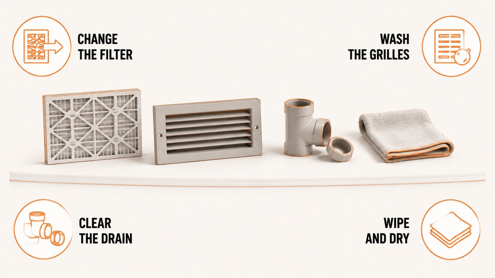 Filter, register grille, drain line cleanout and pan shown as homeowner maintenance items