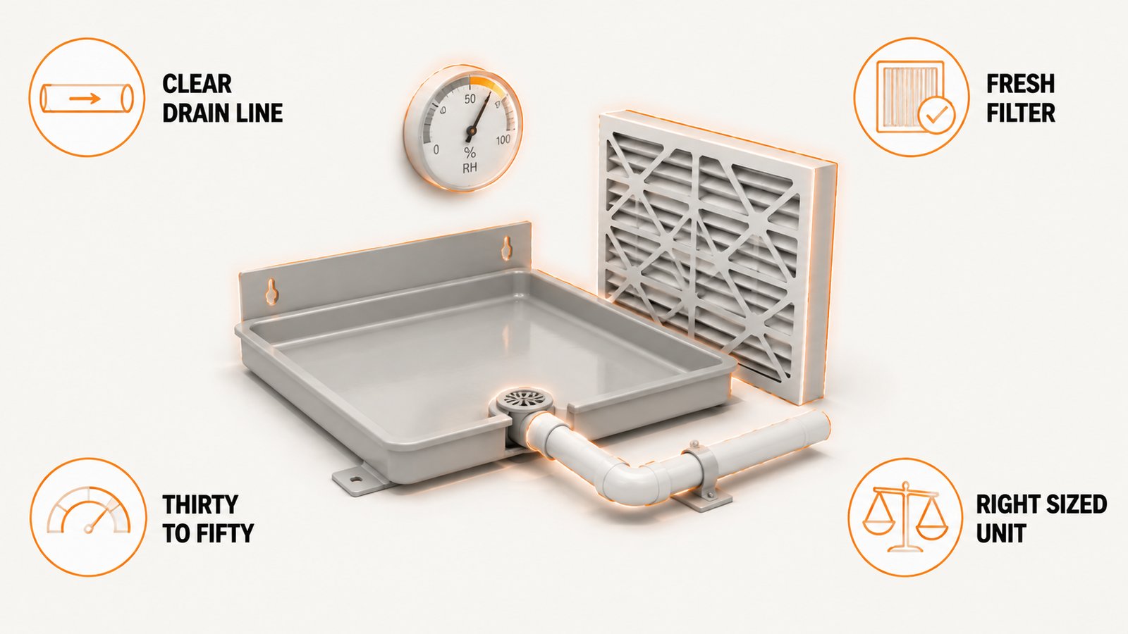 Drain pan with clear drain line, filter and humidity gauge shown as a maintenance set