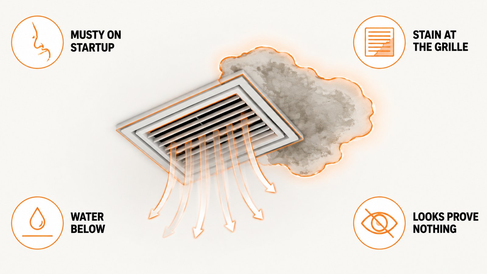 Register grille with airflow lines beside a moisture stain on a ceiling