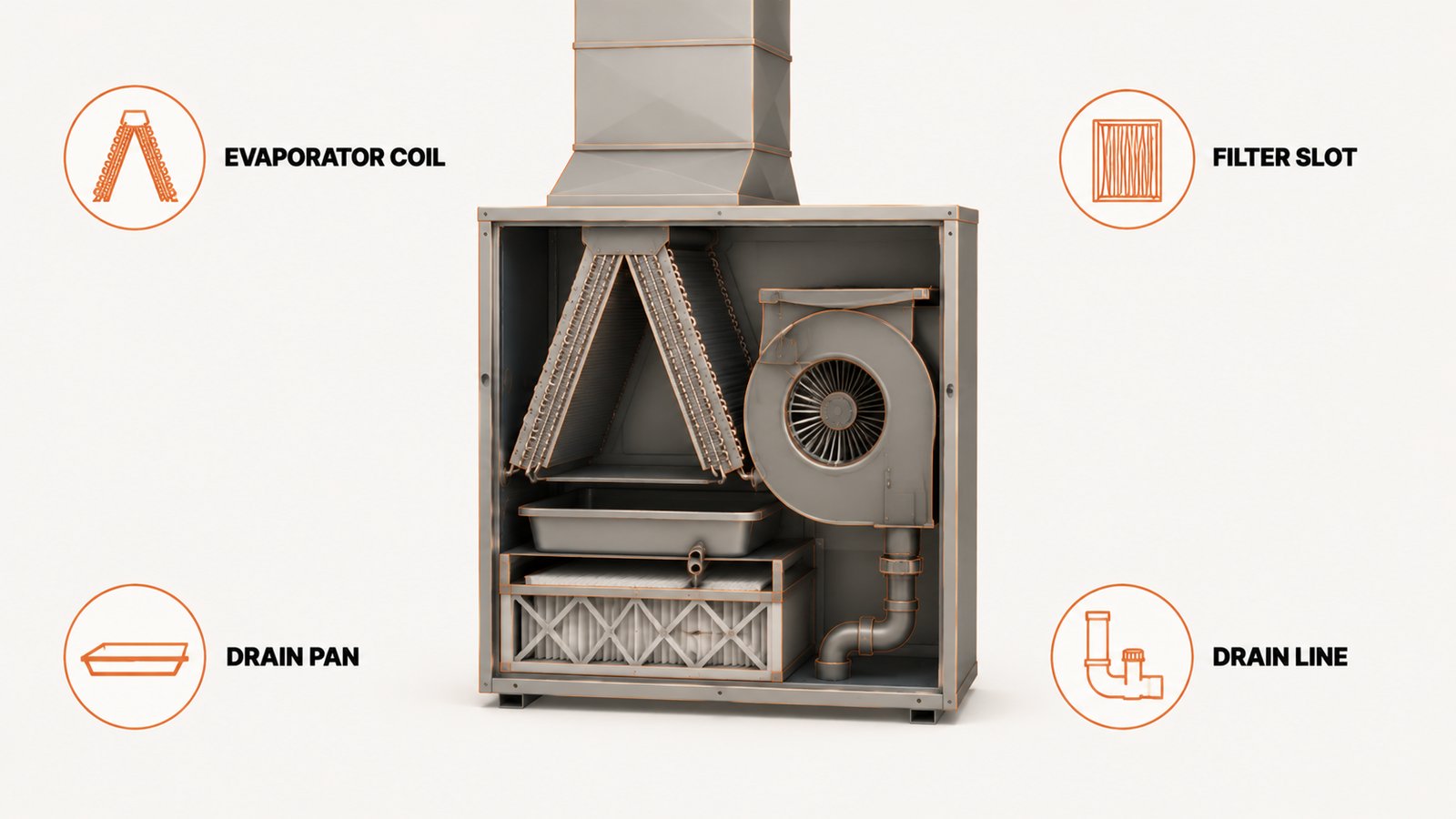 Air handler cutaway with coil, drain pan, blower and filter marked