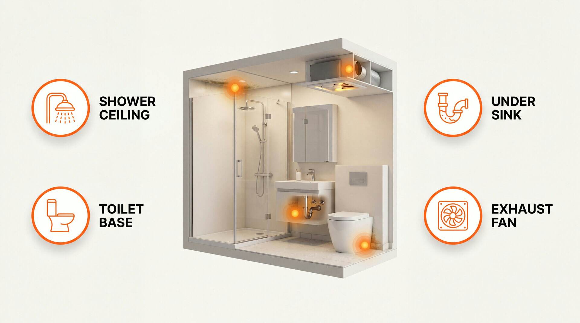 Bathroom mold hotspots: shower ceiling, under sink, toilet base, exhaust fan