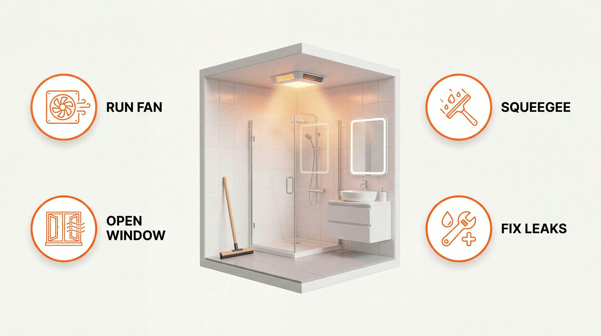 Bathroom mold prevention: run fan, squeegee, open window, fix leaks