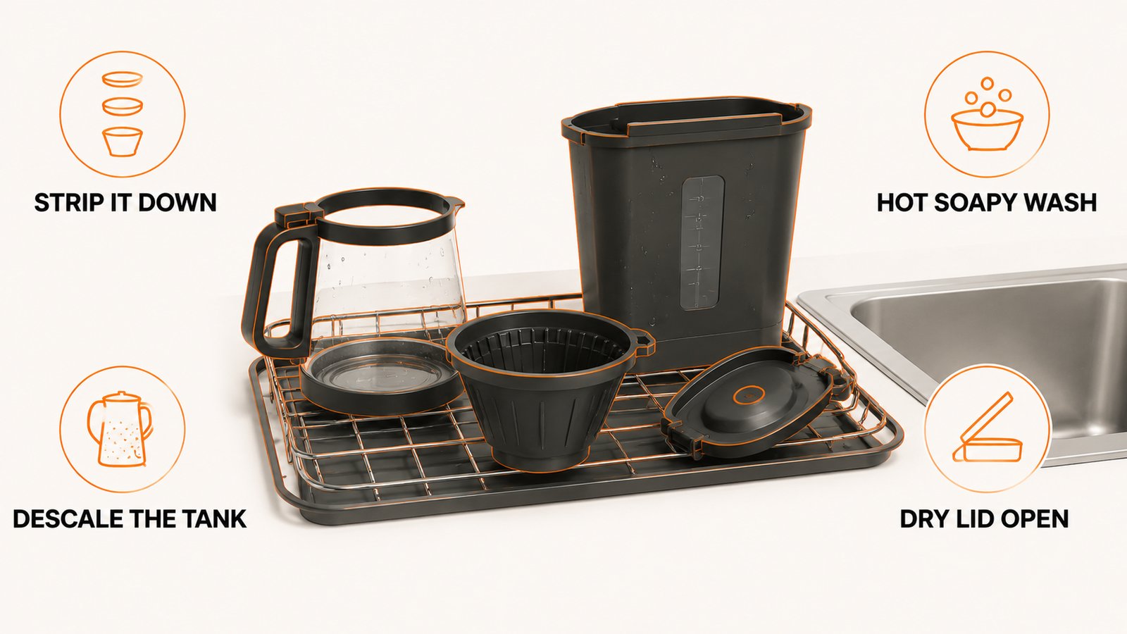 Coffee maker parts laid out in a sink with brush and soapy water