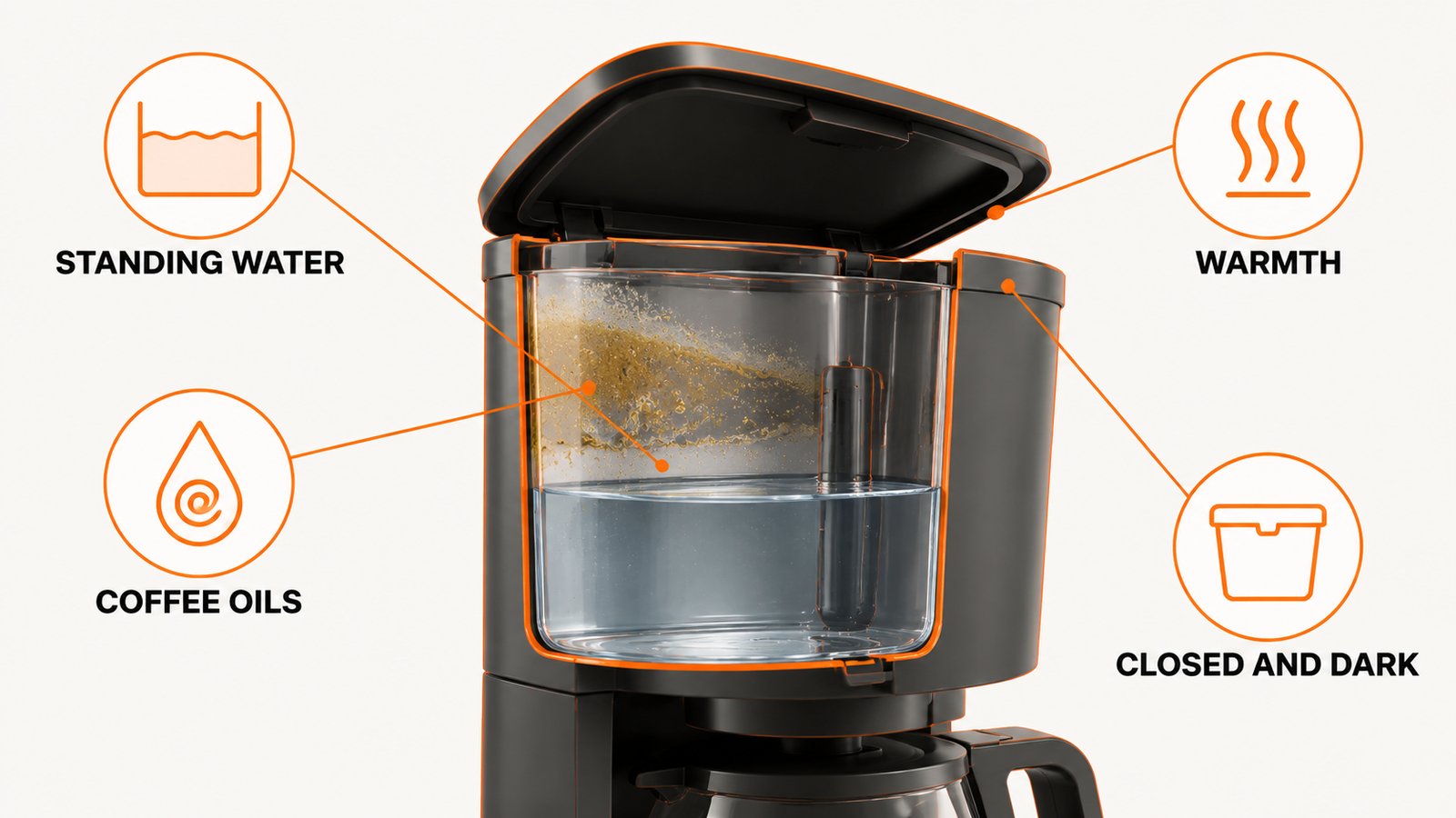 Cutaway of a coffee maker reservoir showing warm standing water and residue