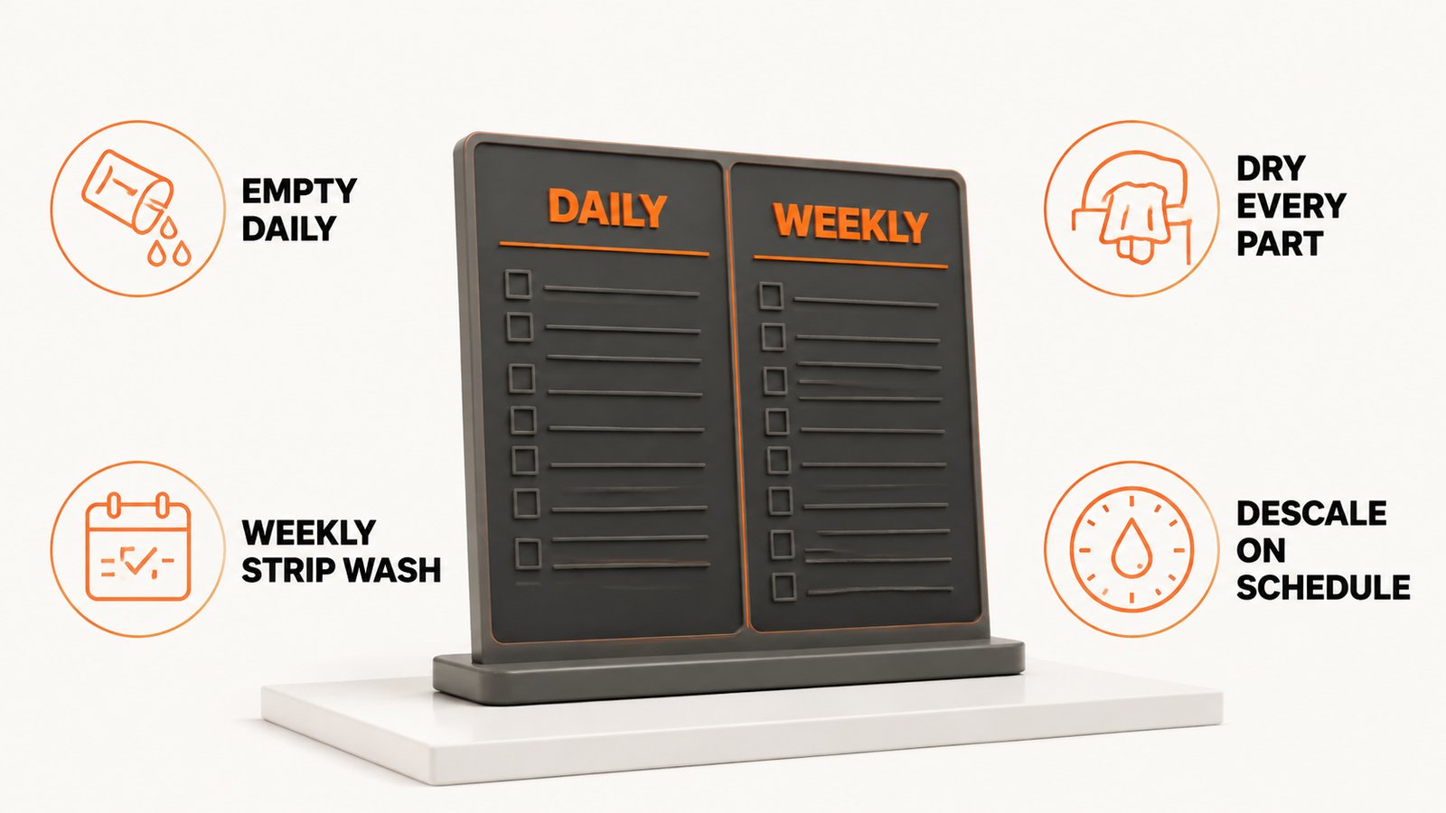 Daily and weekly cleaning routine shown as a two-column schedule