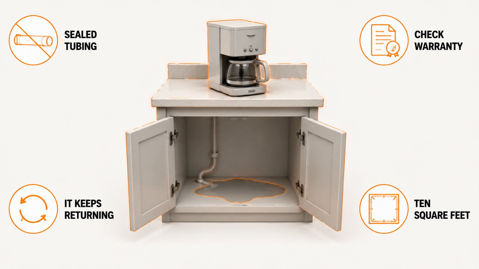 Coffee maker beside a kitchen cabinet with a marked damp area underneath