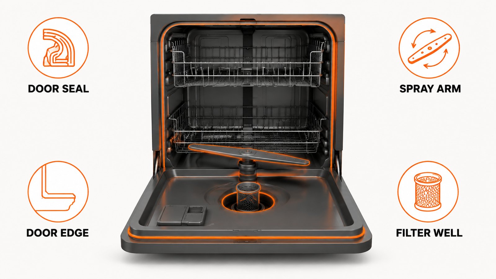 The parts of a dishwasher where sampling studies found the heaviest fungal growth