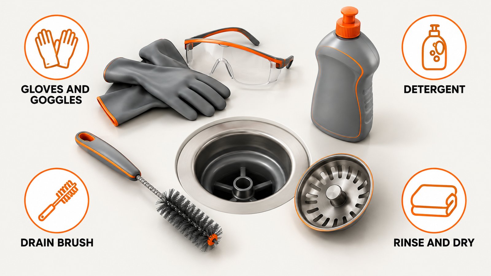 Strainer, drain brush and detergent laid out beside a sink drain