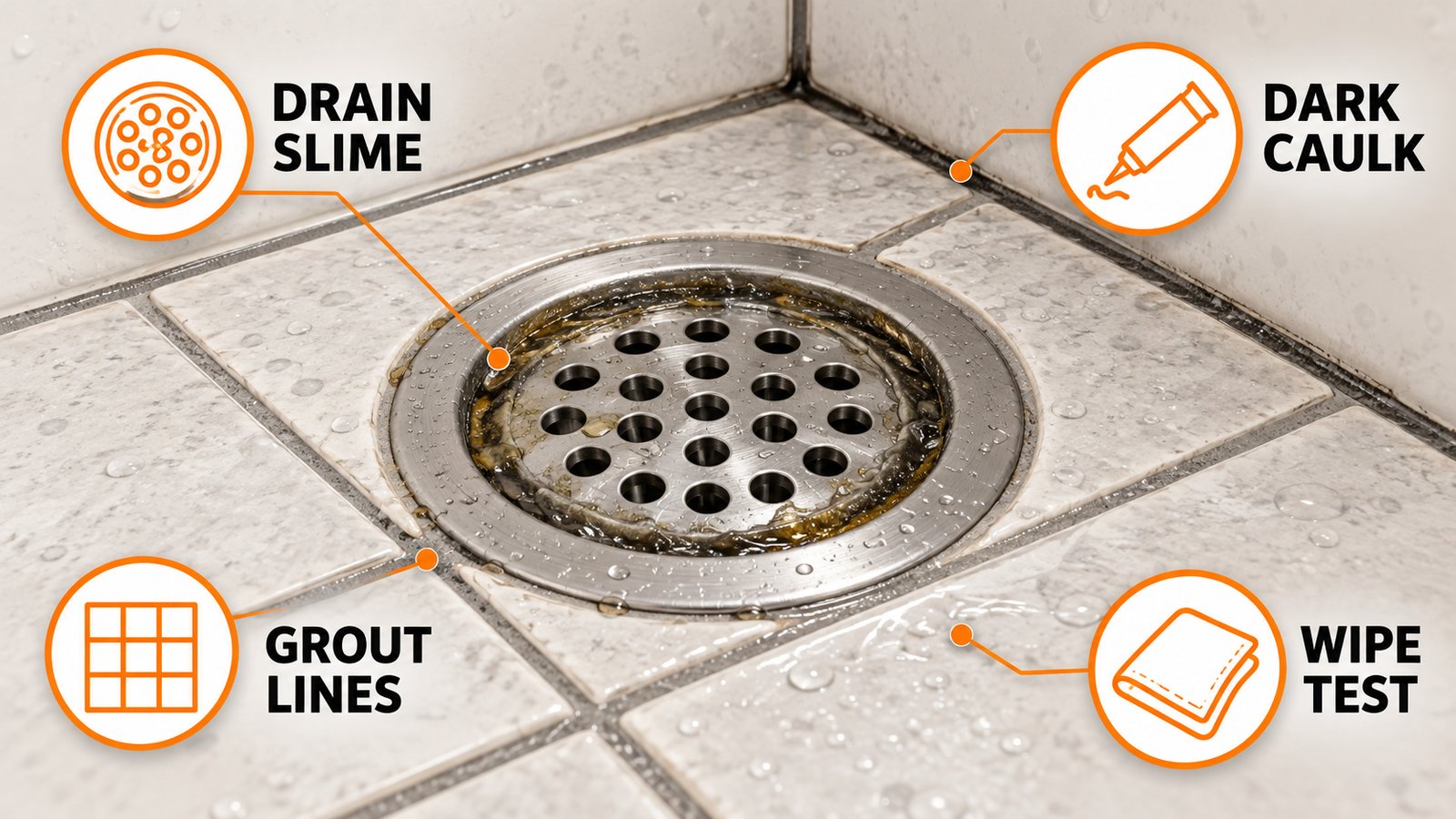Shower floor showing a slimy drain ring beside dark caulk and grout lines
