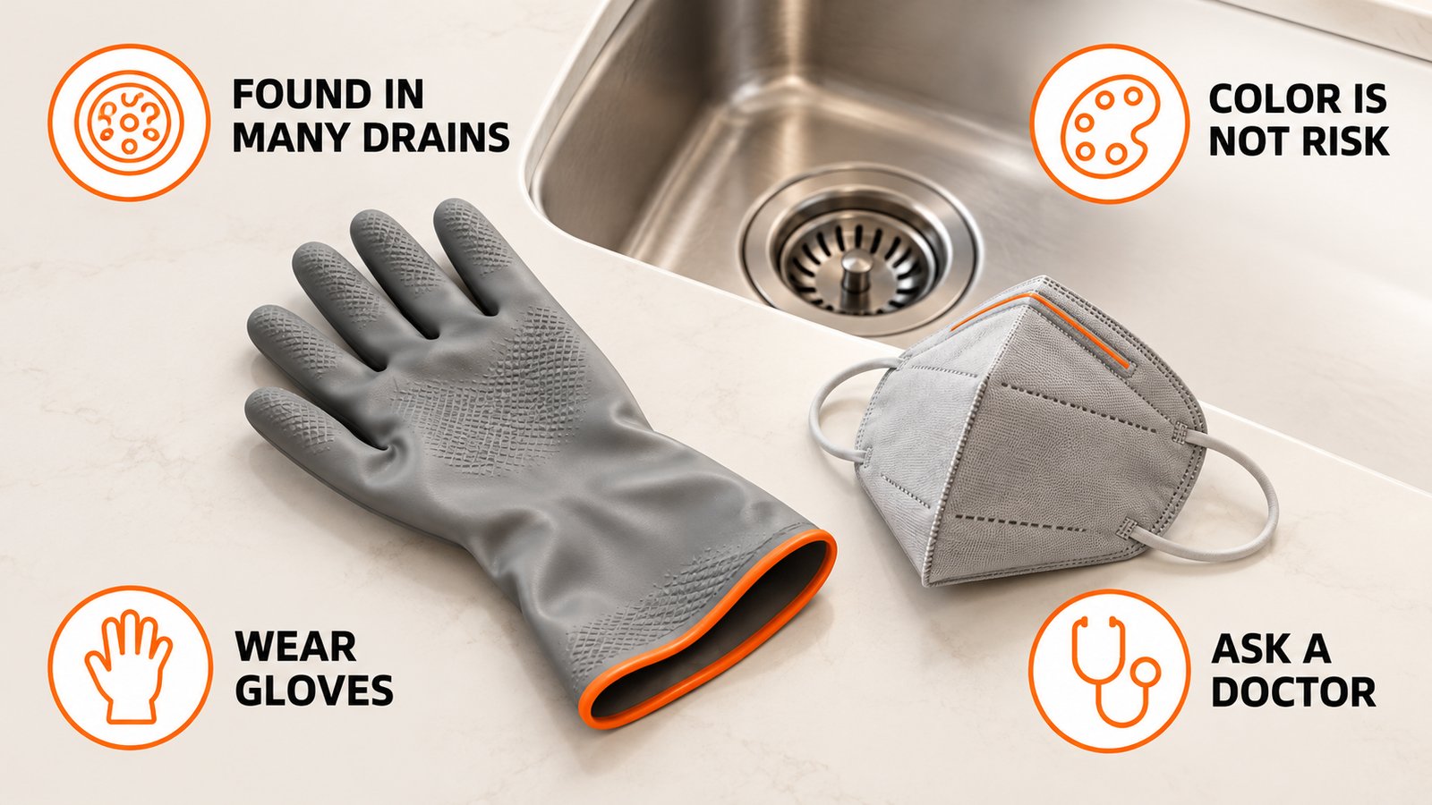 Gloved hand and a mask next to a sink drain on a counter