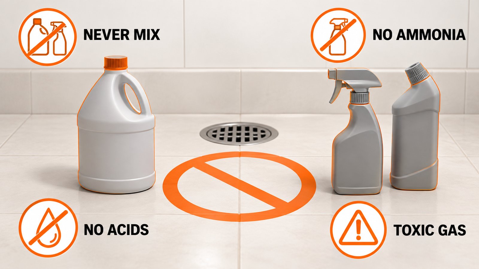 Three separate cleaning bottles kept apart on a bathroom floor next to a drain