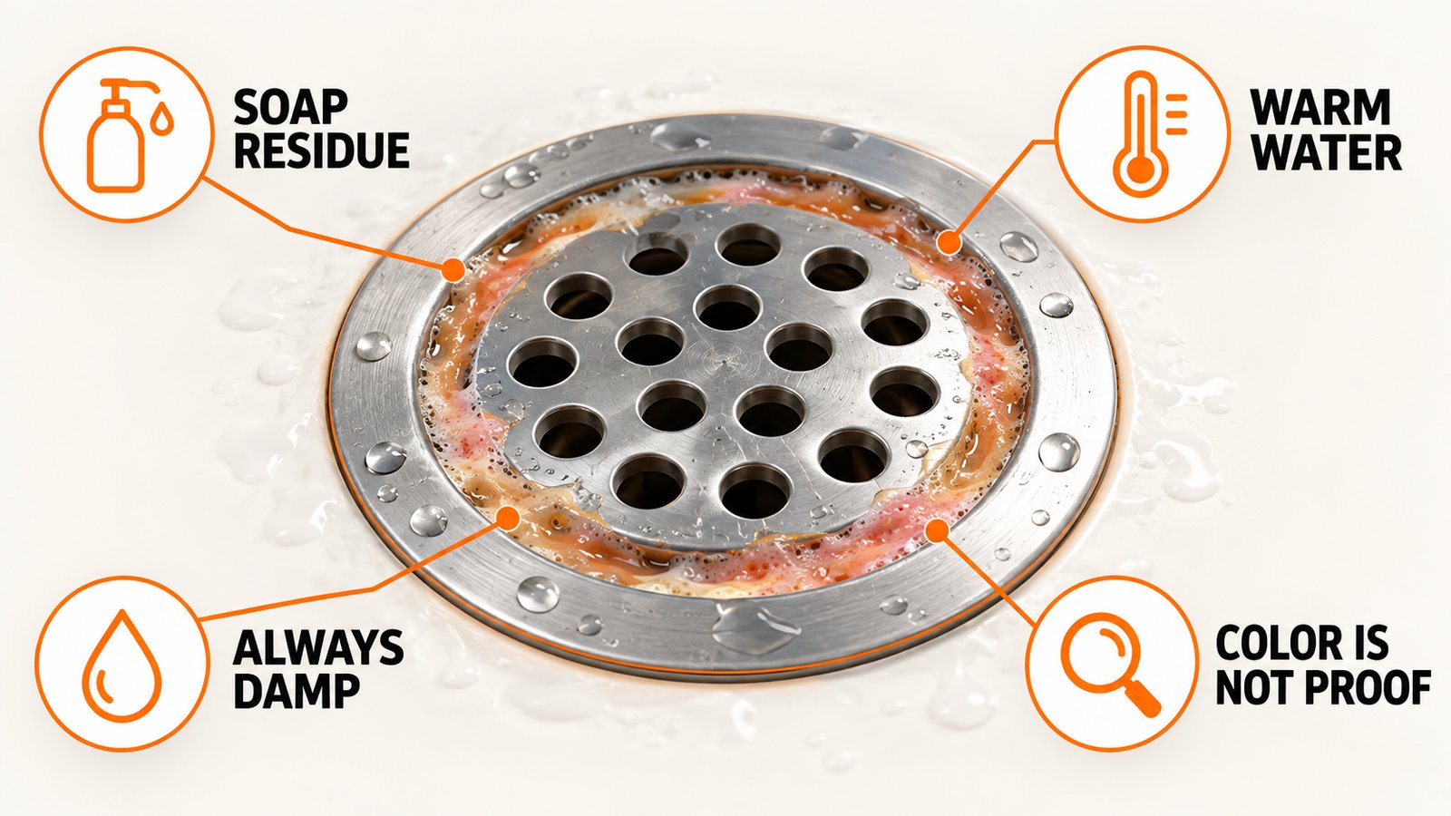 Shower drain cover with a ring of orange and pink film around the opening