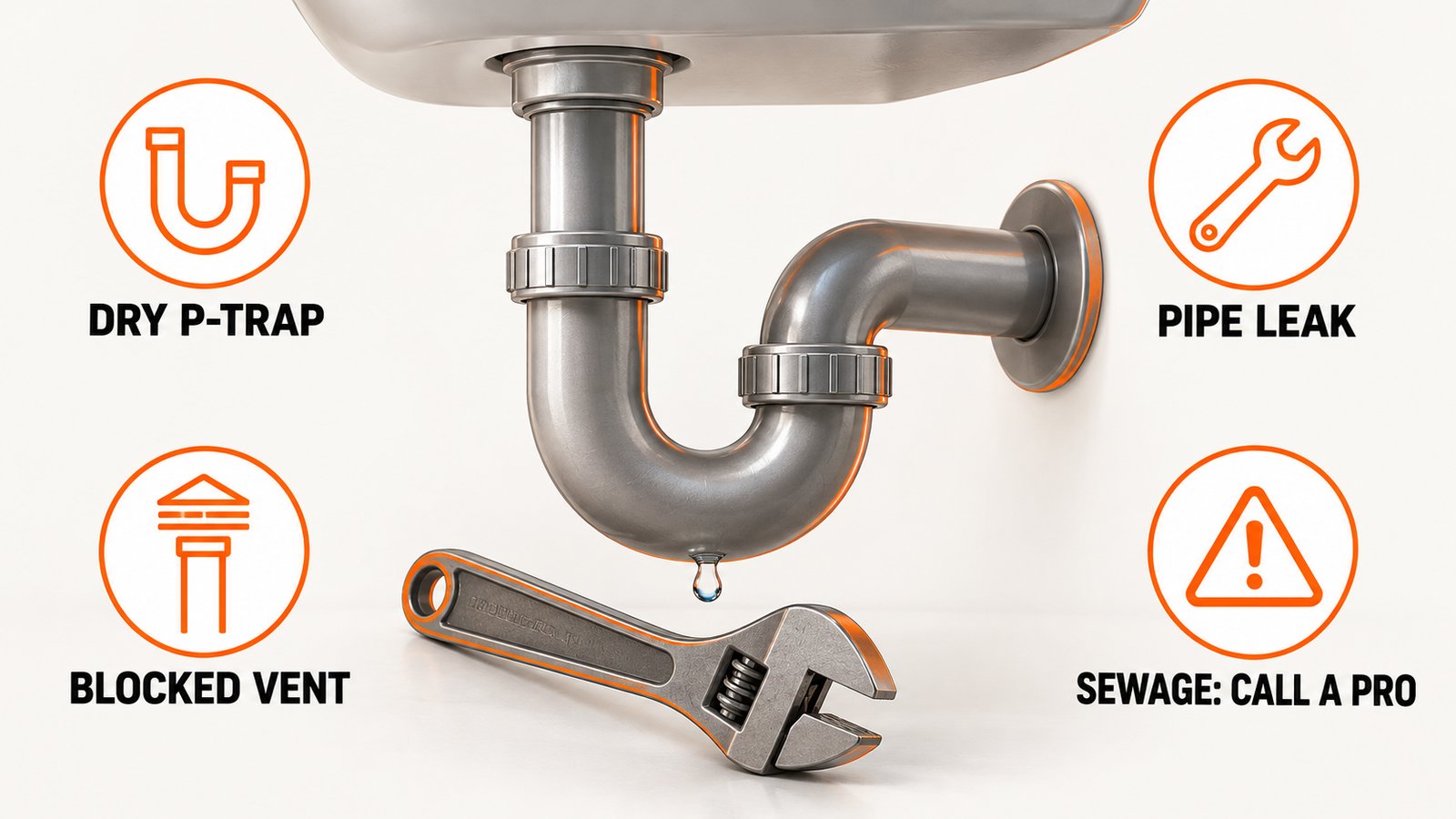 Plumber's wrench beside a U-shaped drain trap under a sink with a small water drop