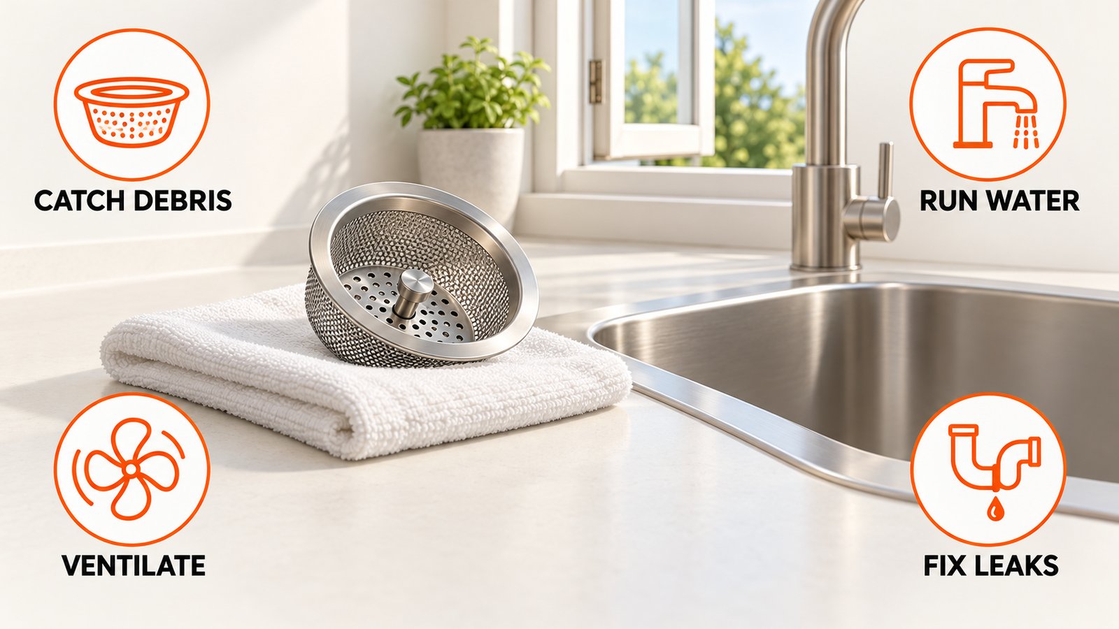 Drain strainer drying on a towel beside a dry sink rim and an open window