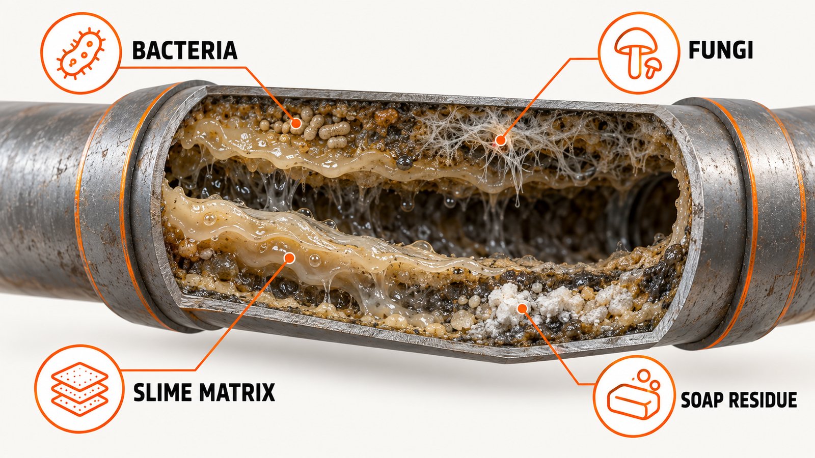 Cutaway of a drain pipe with a layered slime film on the inner wall