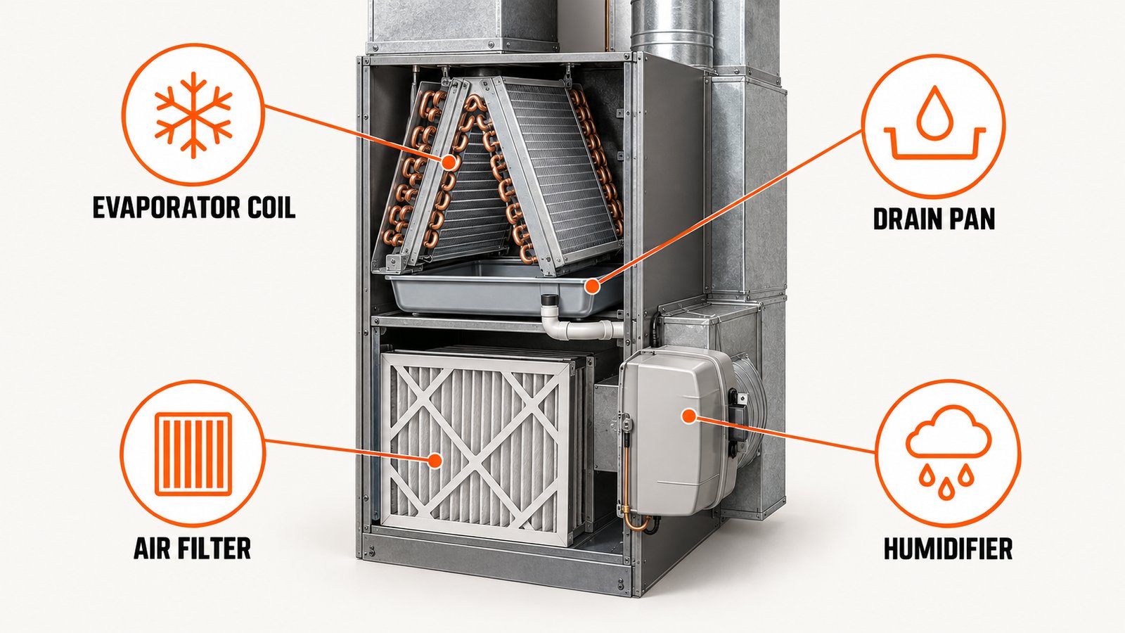 Four places in a furnace cabinet where moisture and dust meet