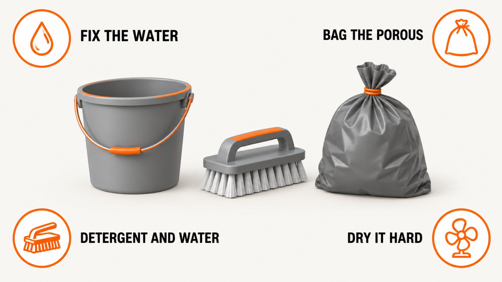 A bucket, a stiff brush, and a sealed disposal bag arranged on a concrete slab