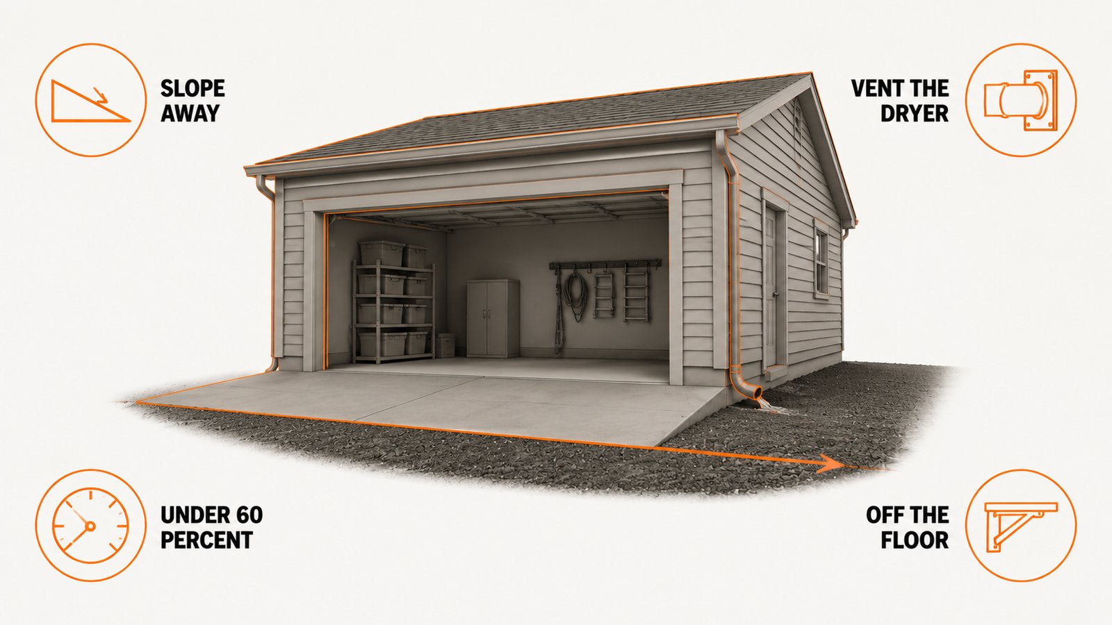 A garage seen from outside with the ground sloping away from the apron and a downspout discharging past the slab