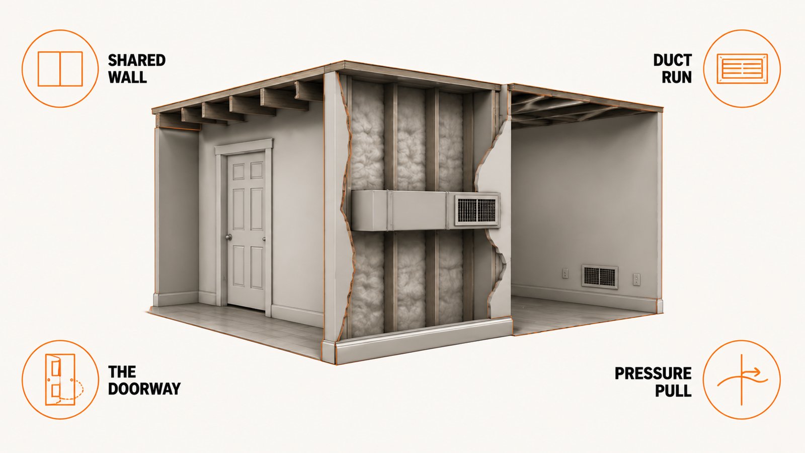A cutaway of a wall shared between two rooms with a duct run crossing the cavity and a connecting door