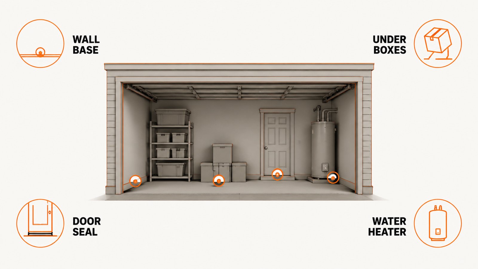 A garage elevation with markers at the wall base, behind boxes, at the door jamb, and beside a water heater