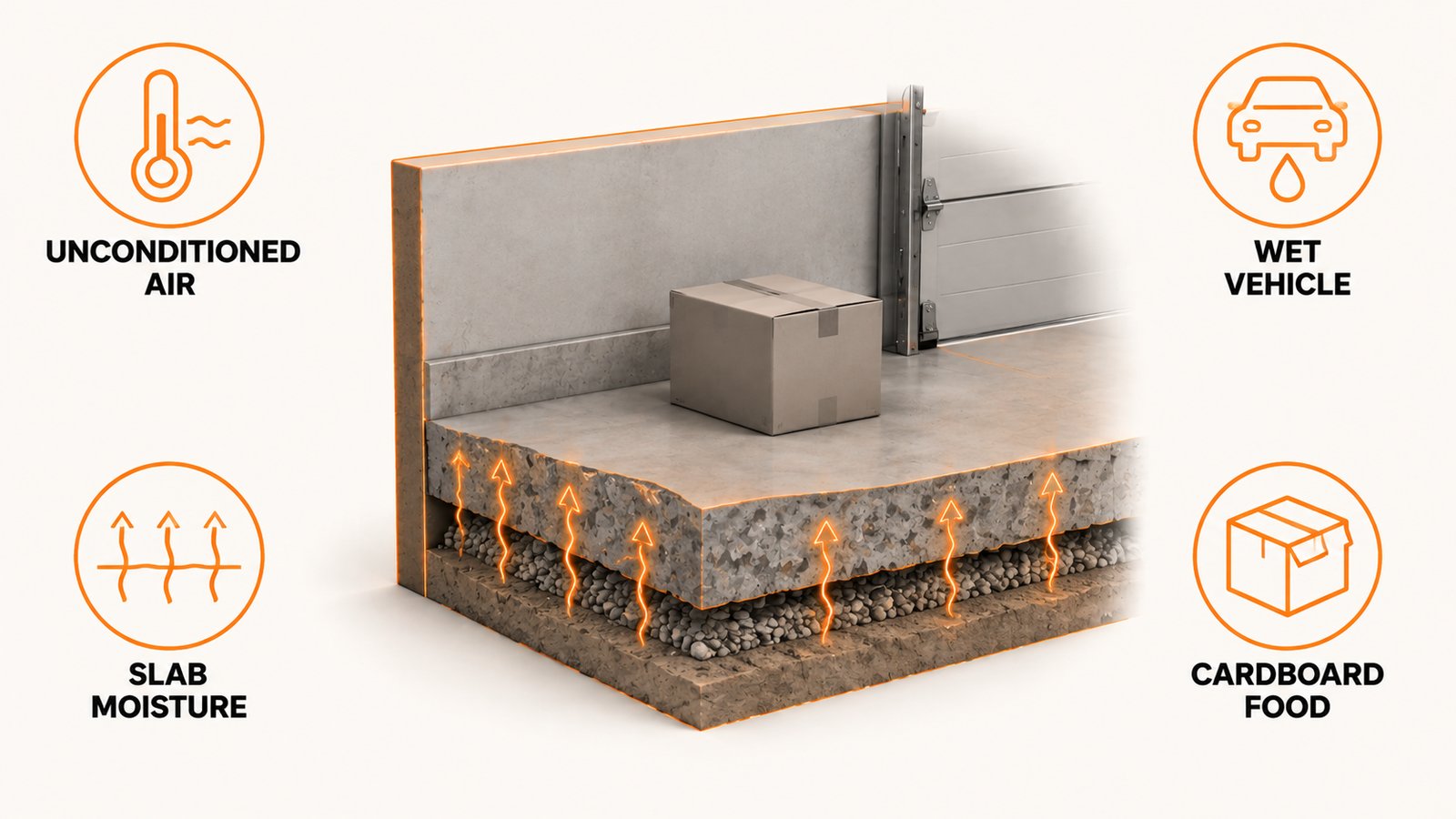 A cutaway of a garage slab and wall junction with upward moisture arrows and a cardboard box on the concrete